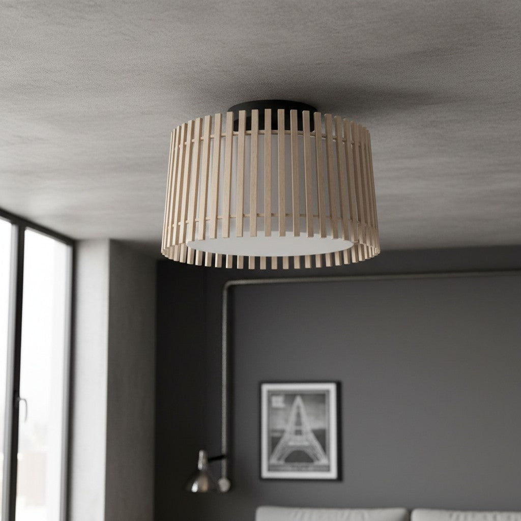 Modern Industrial Steel & Wood Ceiling Light
